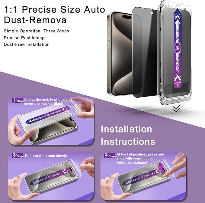 2 Pack Privacy Screen Protector for iPhone 16 Pro, 9H Tempered Glass, Full Coverage,Anti-Fingerprint, Auto Dust-Elimination, No Bubble, Easy Installation