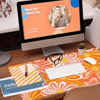 Desk Pad,Hippie Vintage Orange Flowers Desk Mat,Retro Floral Large Gaming Mouse Pad for Desk,Extended Big Computer Keyboard Mouse Pad with Non-Slip Base and Stitched Edge,35.4"x15.7"