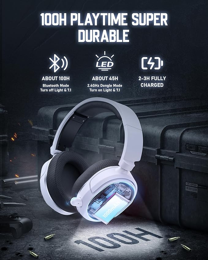 Wireless Gaming Headset, 7.1 Surround Sound, 2.4GHz USB Gaming Headphones with Bluetooth 5.4, 100H Battery, ENC Noise Canceling Mic, RGB Light, Wireless Headset for PC PS5 PS4 Mac Switch (Black-White)