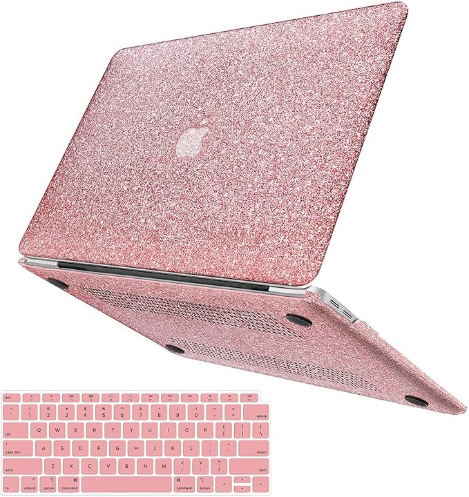 Compatible with MacBook Air 13 inch Case 2021 2020 2019 2018 M1 A2337 A2179 A1932 Touch ID, Glitter Smooth Leather Hard Shell + Keyboard Cover for MacBook Air 13.3 inch Case, Shining Rose Gold