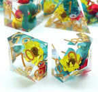 Haxtec Flower Sharp Edge Dice Resin DND Dice Set 7PCS Yellow Blue Red Polyhedral D&D Dice for Role Playing Dice Games Compatible with Dungeons and Dragons