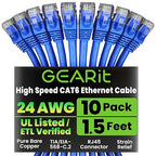 GearIT Cat 6 Ethernet Cable Pack - 10-Pack 1.5 ft Cat6 Ethernet Patch Cables | RJ45 Network Patch Cable, 10 Gbps Snagless Gold-Plated Connectors - Ethernet Cable Cat 6 for PC, TV, Router - Blue