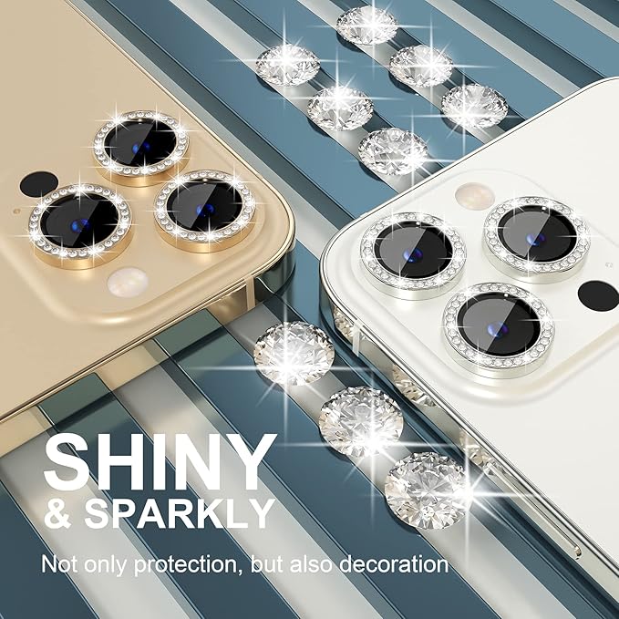 Choiche [3+1 for iPhone 13 Pro/iPhone 13 Pro Max Camera Lens Protector Bling, 9H Tempered Glass Camera Cover Screen Protector Metal Ring Decoration Accessories (Diamond-Silver)