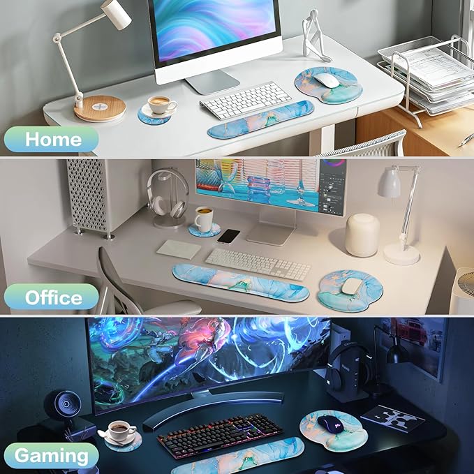 Mouse Pad with Wrist Rest Set, Qomolama 3-in-1 Wrist Rest for Keyboard and Mouse, Gaming Mousepad with Anti-Skid Base,Ergonomic Mouse Pad,Memory Foam Keyboard Gel Wrist Rest