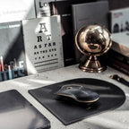 LUNAR ARTEFACTS Ambidextrous Rechargeable Bluetooth Wireless Computer Mouse Black French Leather and Gold Tone Plated Aluminum, Qi Enabled USB-C