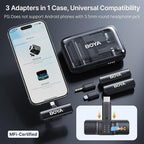 BOYA BOYALINK 2 Wireless Lavalier Microphone for iPhone Camera Android, Mini Lapel Micophone Wireless, 48 KHz 24 Bit, 6mm Mic, 1000ft, 30h Use, Noise Cancelling, Clip on Mic USB-C/Lightning/3.5mm TRS