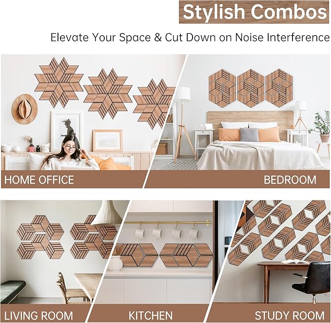 Mollywell Hexagon Acoustic Panels, Walnut S4, 14x12x0.4 Inch, 12 Pack |Wood Veneer|High Density Sound Proofing Wall Panels|Self Adhesive Sound Dampening Felt Wall Tiles|Home Theater|Gaming Room|