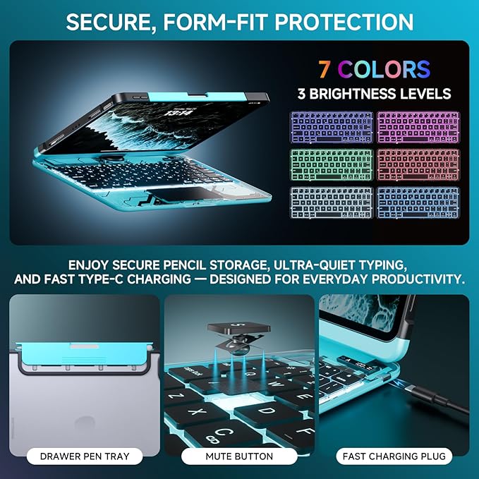Transparent Case with Keyboard for 2024 iPad Pro 11-inch (M4),with 7-Color Backlit Wireless Keyboard, 360°Rotatable Protective Case Multi-Touch Trackpad,with Pencil Holder,with Shortcuts,Blue