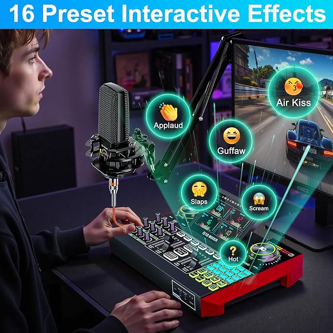 Podcast Equipment Bundle with 3.5mm Condenser Microphone for Pc/Phone Live Streaming Singing Gaming, Podcast Microphone Bundle with Live Sound Card Audio Mixer,Voice Changer, Denoise,DJ Sets