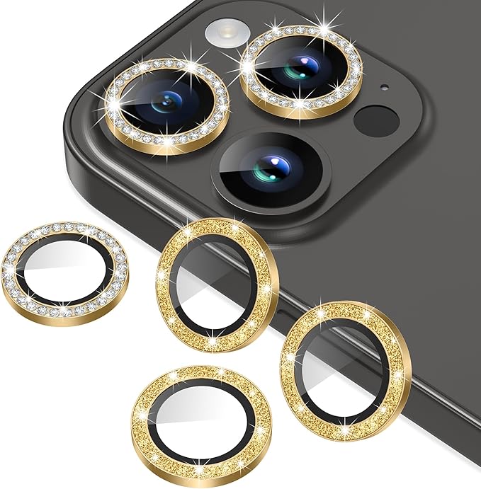 AGVEE 3+3 6 Pack for iPhone 15 Pro/Pro Max, Bling Diamond & Glitter Metal Ring 9H Tempered HD Glass Camera Protector Cover Film, Gold