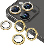 AGVEE 3+3 6 Pack for iPhone 15 Pro/Pro Max, Bling Diamond & Glitter Metal Ring 9H Tempered HD Glass Camera Protector Cover Film, Gold
