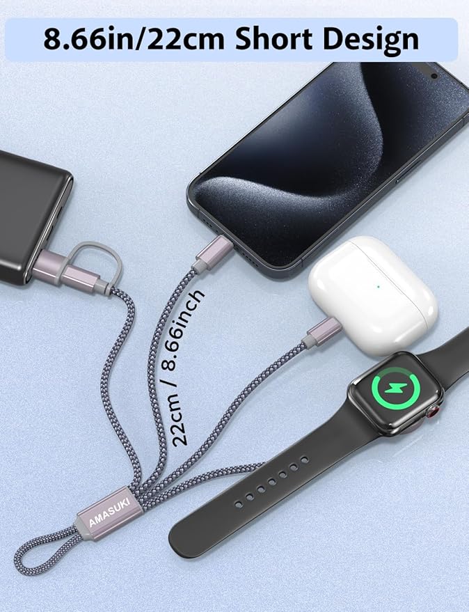 2Pack 8inch Short 3 in 2 USB C Cable for Apple Watch Charger iPhone Charger USB C Multi Fast Charging Cable Compatible with iWatch Ultra/SE/10/9/8/7/6/5/4/3/2/1 & iPhone 16/15/14/13/12/11/Galaxy S2
