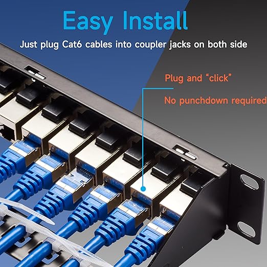 24 Port RJ45 Patch Panel Cat6 STP Feed Through, Coupler Network Panel 19 Inch, Inline Keystone Ethernet Patch Panel with Back Bar