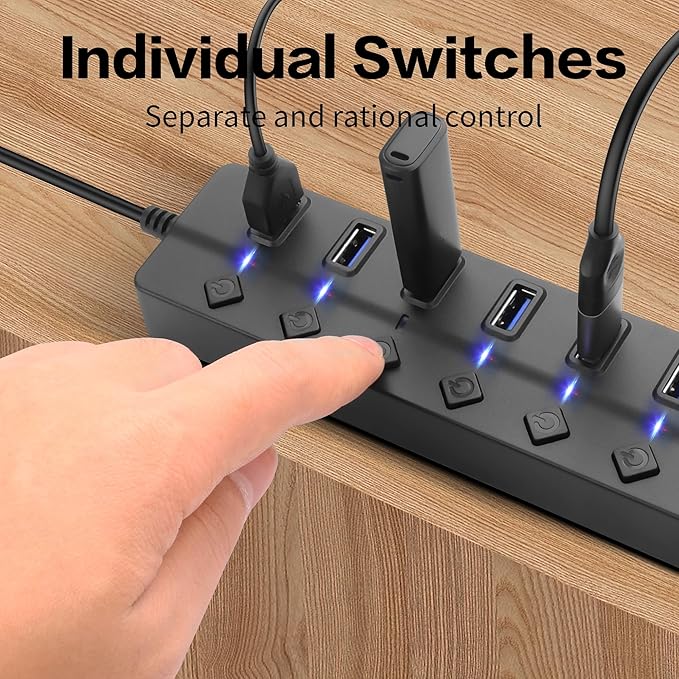 90 Degree USB Hub Splitter YACSEJAO USB 2.0 Data Hub with Individual LED Button On/Off Switch DC5.5 * 2.1 Power Port for Laptop,PC Computer (7 Ports, 0.3M)