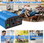 150W Car Power Inverter DC 12V to 110V AC Car Plug Outlet Adapter with PD 25W USB C & QC3.0 Car Laptop Charger-Blue