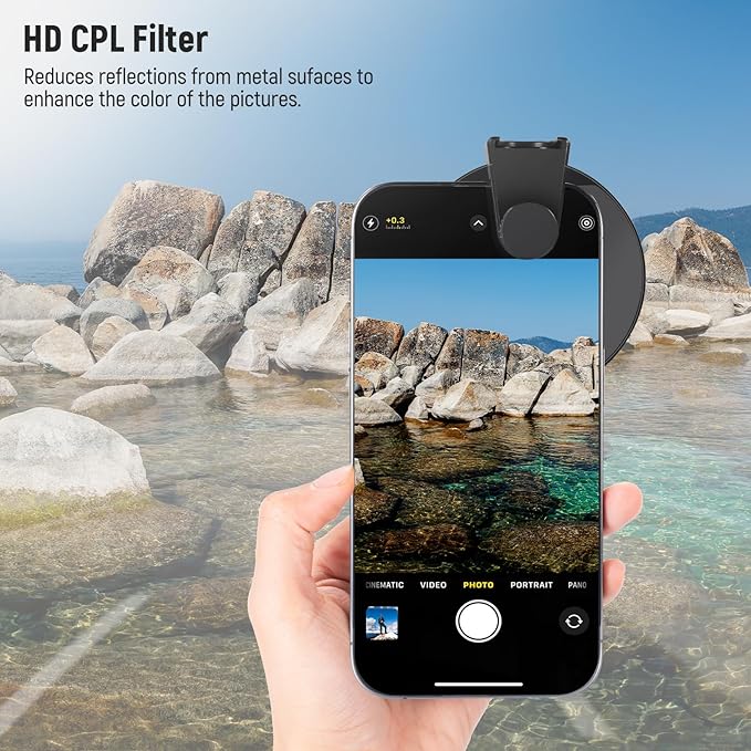 NEEWER CPL Filter for Phone, 67mm Camera Lens Polarizing Filter with Metal Cold Shoe Phone Clip Compatible with iPhone 16 15 Pro Max Plus 14 13 Pro Max Mini 12 11 X XS Max Samsung Galaxy, FL-27