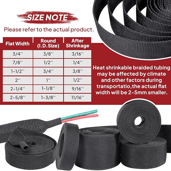 Heat Shrink Wire Loom 2:1 Shrinkable Braided Cable Sleeve 1 Inch ID-46ft Abrasion Protection Flexibility Fabric Wiring Harness Cover Sheath