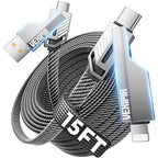 4-in-1 Long USB C Cable 60W 15FT Compatible With Lightning Cable [Fast Charging&Data Transfer] Flat Nylon Braided for iPhone iPad Charger Cord, Multi Charge Wire Combo with L/Type C/USB A Port
