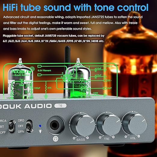 Douk Audio T6 2 Channel 80 watts x2 Bluetooth Tube Amplifier Hi-Fi Stereo Power Amp Audio Wireless Receiver with Headphone/Line Output & Treble Bass Tone Control
