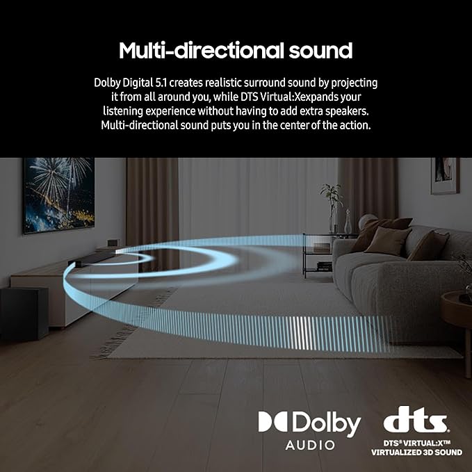 Samsung HW-B750D/ZA 5.1 ch Soundbar w/ Dolby Audio, Surround Sound expansion, Bass Boost, Adaptive Sound, DTS Virtual:X, Wireless Subwoofer, 2024
