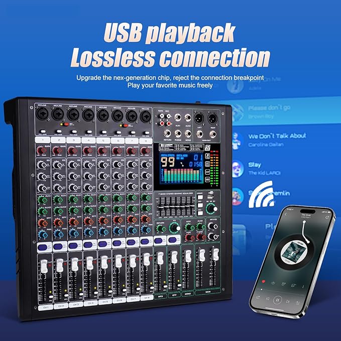 GF12 Multifunction 12 Channel Audio Mixer Stage Performance Mixer Isolated Independent Mute Built-in 7 Level Equalizer and 99 Reverb DJ Mixer for Stage Performance/Karaoke/DJ Music