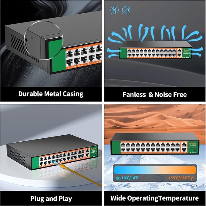 24 Port PoE Switch with 2 Gigabit Ethernet Uplink Port, Support IEEE802.3af/at, 400W High Power, Fanless, Plug and Play Unmanaged, Rackmount Ethernet Switch