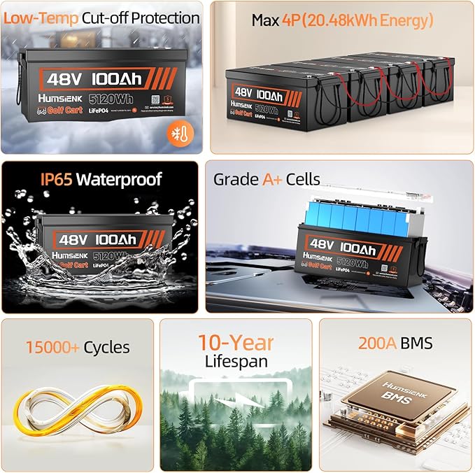 48V 100Ah LiFePO4 Golf Cart Lithium Battery Bluetooth with 48V 15A Charger, 5120Wh Golf Cart Deep Cycle Battery, Built-in 200A BMS