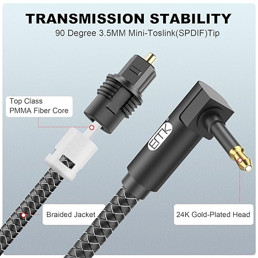 EMK Premium 90° Right-Angle Mini Toslink Cable (1.5Ft/0.5M) - 3.5mm Optical Digital Audio Cable for Sound Bars, TVs & Home Theater - SPDIF/Toslink Compatible, Black