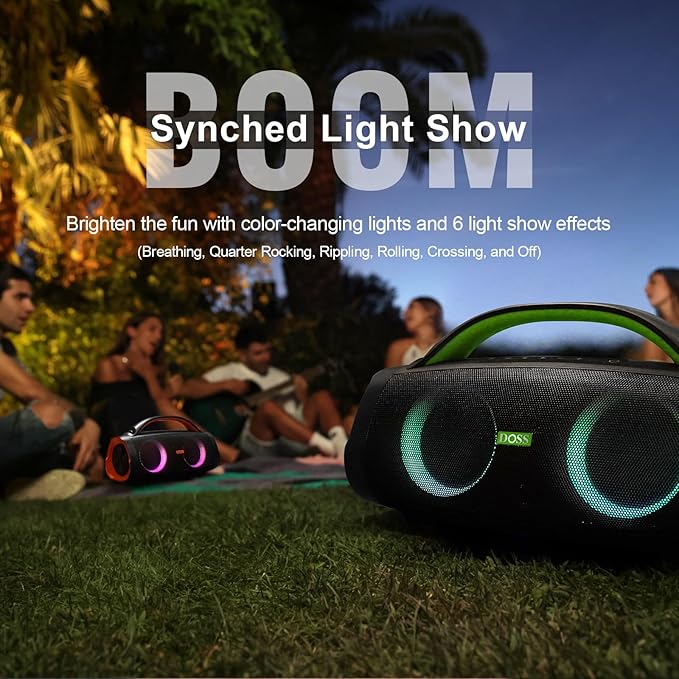 DOSS Extreme Boom Pro Loud Bluetooth Speaker with 100W Stereo Sound, Extra Bass, 20H Playtime, Party-Sync Led Lights, Built-in Power Bank, IPX6 Waterproof for Outdoor, Camping, Pool-Green