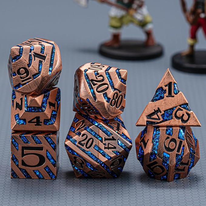 Metallic Glitter Stripes D&D Dice Set,7 PCS Polyhedral Dice Set with Gift Metal Box for Dungeons and Dragons,DND Metal Dice for Tabletop Game (Antique Copper Blue)