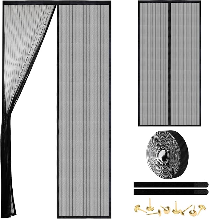 Magnetic Screen Door - Self Sealing, Heavy Duty, Hands Free Mesh Partition Keeps Bugs Out Let Breeze in- Pet and Kid Friendly - Keep Open Feature (Black, Fit Door Size 34 x 80 Inch)