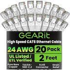 GearIT Cat 6 Ethernet Cable (20-Pack 2 Feet) Cat6 Network Patch, 10Gbps, RJ45, Snagless Cord, Gold-Plated Connectors, Internet for PC, TV, Tablet, Router, Printer, Servers, IT Data Center - White