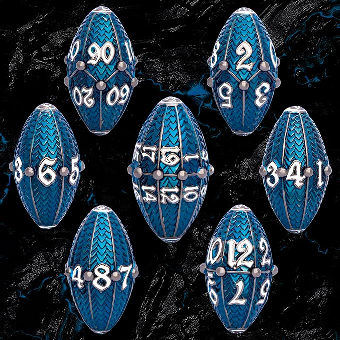 ARUOHHA DND Metal Dice Black Blue Dragons Egg Dice with Rotating Dragon Egg Shell, Compatible with D&D RPG Role Playing Game, Dungeons Polyhedral D and D Dice Set D20 D12 D10 D8 D6 D4