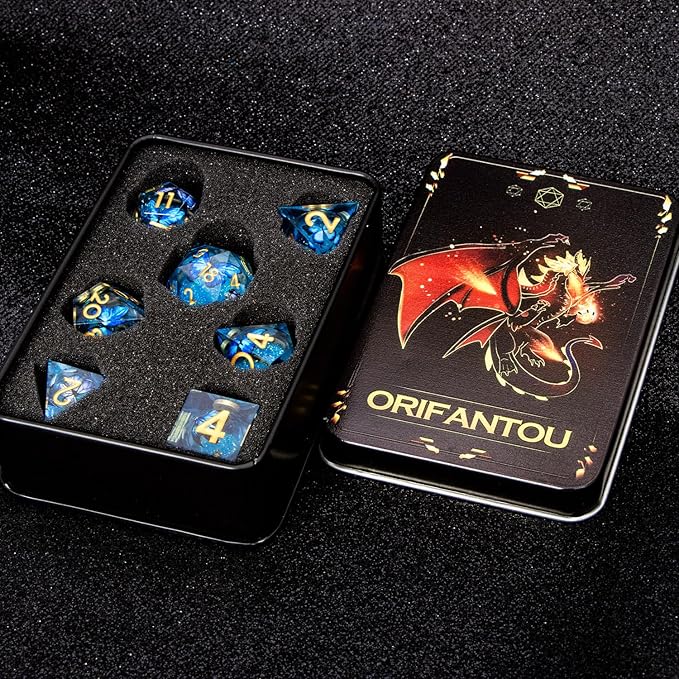 Butterfly DND Dice Blue Liquid Core Dice Set with Metal Box, Handmade Sharp Edge D and D Polyhedral Dice for use with D&D Role Playing Game, D20 D12 D10 D8 D6