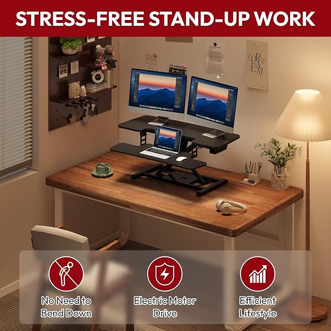 SANODESK 35" Electric Standing Desk Converter,Height Adjustable Riser for Office Home, Monitor and Laptop Workstation with Large Keyboard Tray,Black Color