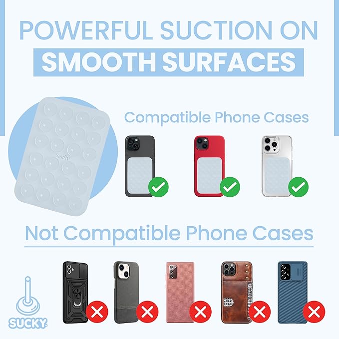 SUCKY Silicone Suction Phone Case Adhesive Octo Cup Buddy Mount - Anti-Slip Holder, Hands-Free Phone Accessory for iPhone & Android - Sticky Grip for Selfies, Videos - Clear