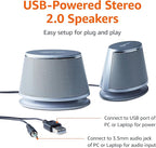 Amazon Basics Stereo 2.0 Speakers for PC or Laptop with Volume Control, 3.5mm Aux input, USB-Powered, 1 Pair, Silver