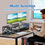 Simple Trending 2 Tier Metal Monitor Stand Riser with USB 2.0 and Charging Prot , Computer Office Desktop Organizer for 2 Monitors With Two Drawer Storage and Reusable Cable Ties,for Printer, TV, Black