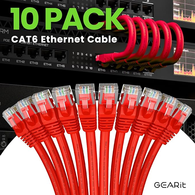 GearIT Cat 6 Ethernet Cable (10-Pack 5 Feet) Cat6 Network Patch, 10Gbps, RJ45, Snagless Cord, Gold-Plated Connectors, Internet for PC, TV, Tablet, Router, Printer, Servers, IT Data Center - Red