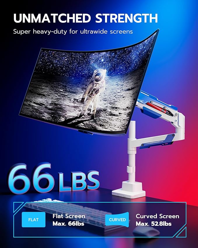 ARES WING Single Monitor Mount, Ultrawide Monitor Arm for 24 to 57 Inch Heavy Duty Curved Screen, Adjustable Gas Spring Monitors Arm Stand up to 66LBS with 75/100/200 Vesa Mount, White