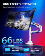 ARES WING Single Monitor Mount, Ultrawide Monitor Arm for 24 to 57 Inch Heavy Duty Curved Screen, Adjustable Gas Spring Monitors Arm Stand up to 66LBS with 75/100/200 Vesa Mount, White