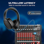 8 Channel Audio Mixer, Professional Music Mixer Board DJ Mixing Console with Bluetooth, USB/MP3 Player, Reverb, and 48V Phantom Power for Studio Recording, Karaoke, and Live Performances