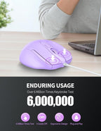 TECKNET Wired Mouse, 6-Button Corded with 4 Adjustable DPI, Optical Ergonomic Design, 5FT Cord for Laptop, Chromebook, PC, Desktop, Mac, Notebook - LT.Purple