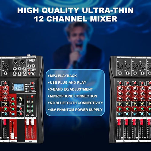 12 Channel Audio Mixer, Professional Music Mixer Board DJ Mixing Console with Bluetooth, USB/MP3 Player, Reverb, and 48V Phantom Power for Studio Recording, Karaoke, and Live Performances