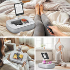 Tablet Stand Pillow with Snack Bowl, iPad Lap Holder for Hands-Free Reading and Relaxation on Bed,Couch,Recliner, 360° Rotating Clip for 4.7-13" Kindle,eBook,Tablet,iPhone (Light Gray)