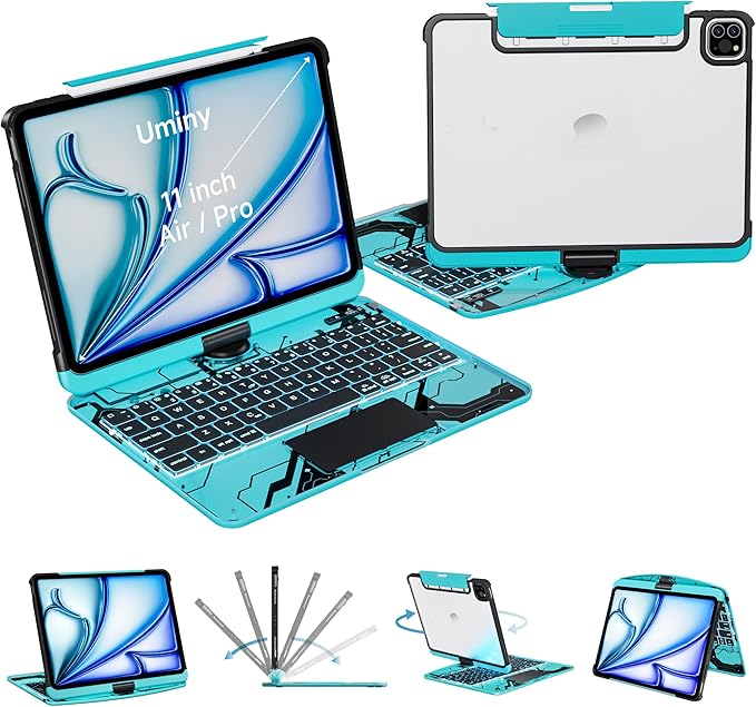 Keyboard Case for iPad 11 inch Pro 4/3/2/1st Gen & 11’’ iPad Air 2025 M3, 2024 M2 & 10.9" iPad Air 5th/4th Gen, 360° Rotating Stand Transparent Protective Cover with Pencil Holder (Cyan)