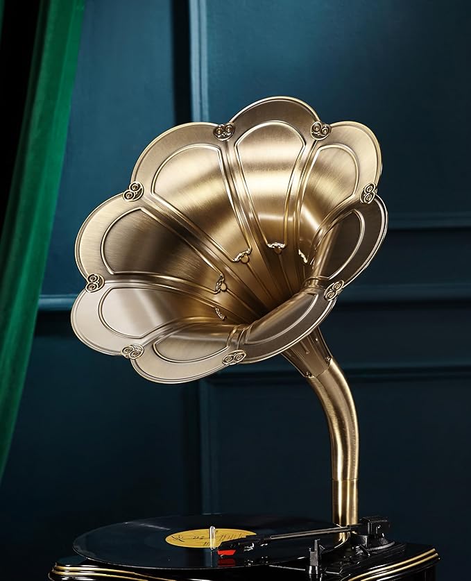 Vintage Gramophone with Bluetooth Output Vintage Record Players Retro Gramophone Turntables for 7" 9" 12" Vinyl Records 3 Speed, Hi-Fi, Handcrafted by Pure Oak (Black)