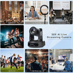 NDI AI Auto-Tracking IP PTZ Camera SDI/HDMI/USB3.0/LAN PoE 30X Optical + 16X Digital Zoom 1080P 60fps for Live Streaming Church Services Education Video Conference with OBS vMix and More