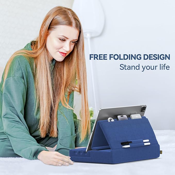 KDD Tablet Pillow Holder, Foldable iPad Stand for Lap, Bed and Desk -Tablet Soft Pad Dock with Pocket & Stylus Mount Compatible with iPad Pro 12.9, 10.5, 9.7 Air Mini 6 5 4 3, Galaxy Tab,E-Reader