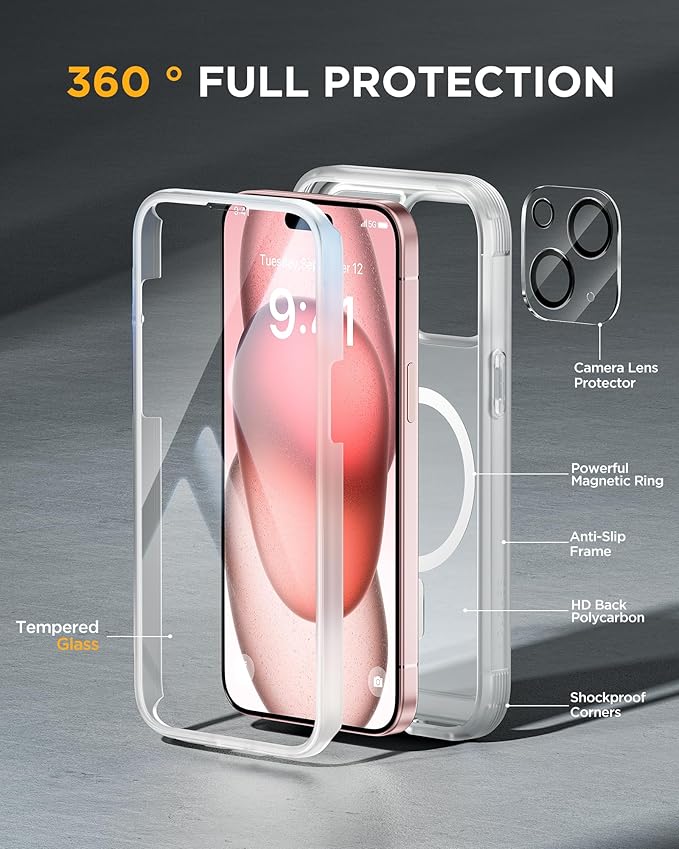 Miracase Magnetic for iPhone 15 Plus Case 6.7'' [Compatible with Magsafe] Full-Body 15 Plus Phone Case Cover with Built-in 9H Tempered Glass Screen Protector,Magnetic Frosted Clear